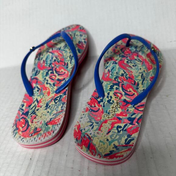 Lilly Pulitzer Size 7 Logo Blue Pink Tropical Flip Flop Sandal Summer Vacation - Picture 3 of 8